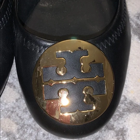 Tory Burch Black Flats with Gold Logo - Picture 2 of 6